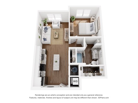 Floor plan for 1 bed, 1 bath, 669 sqft